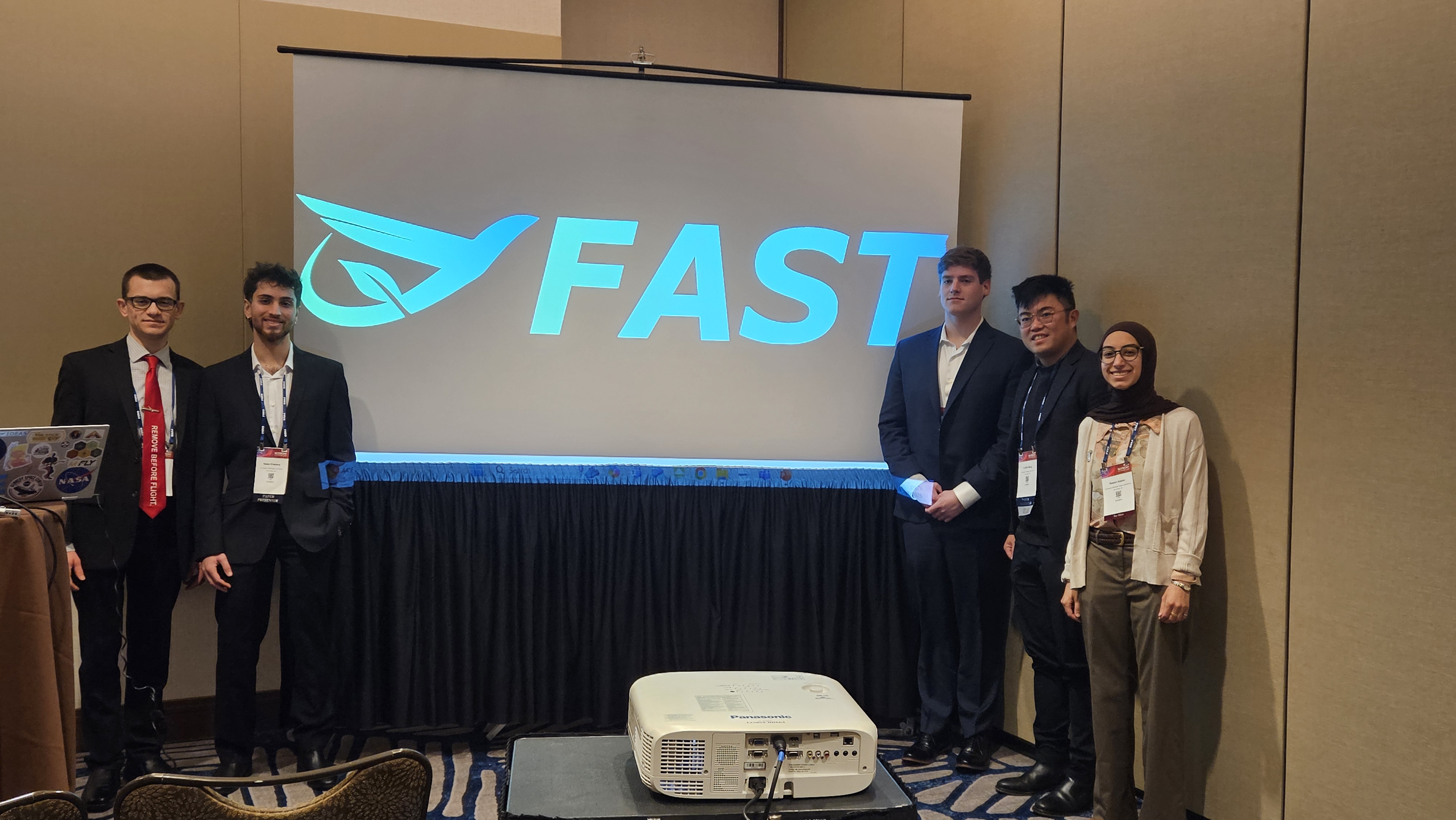 IDEAS Lab students presenting FAST at the 2025 SciTech Forum. Left to right: Paul Mokotoff, Nawa Khailany, Maxfield Arnson, Yi-Chih Wang, Rawan Aljaber.